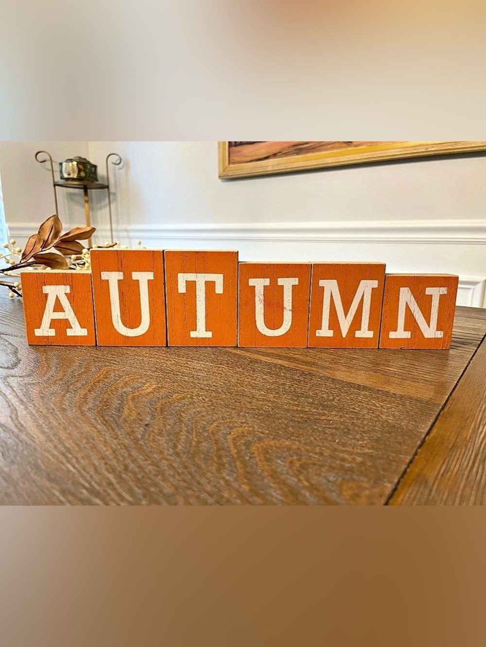 Autumn Wooden Block Decor in Orange & White